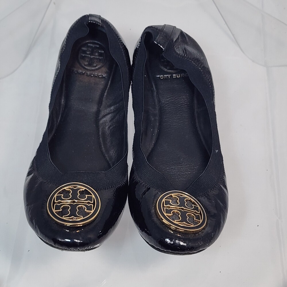 Tory Burch Caroline 7.5 Ballet Flats Gold/Black Patent Leather/Elastic